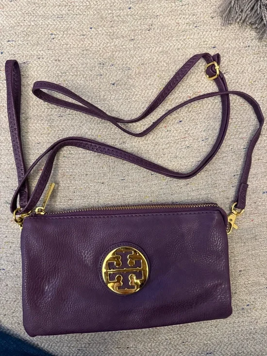 Tory Burch Deep Plum Leather Crossbody/Wristlet with Gold Logo - Picture 3 of 5